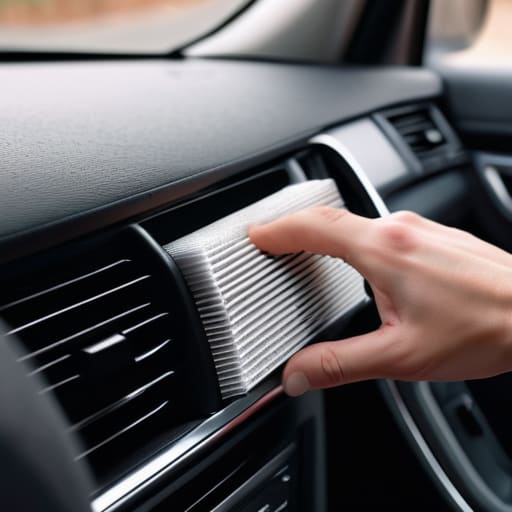 Hands performing a cabin air filter replacement.